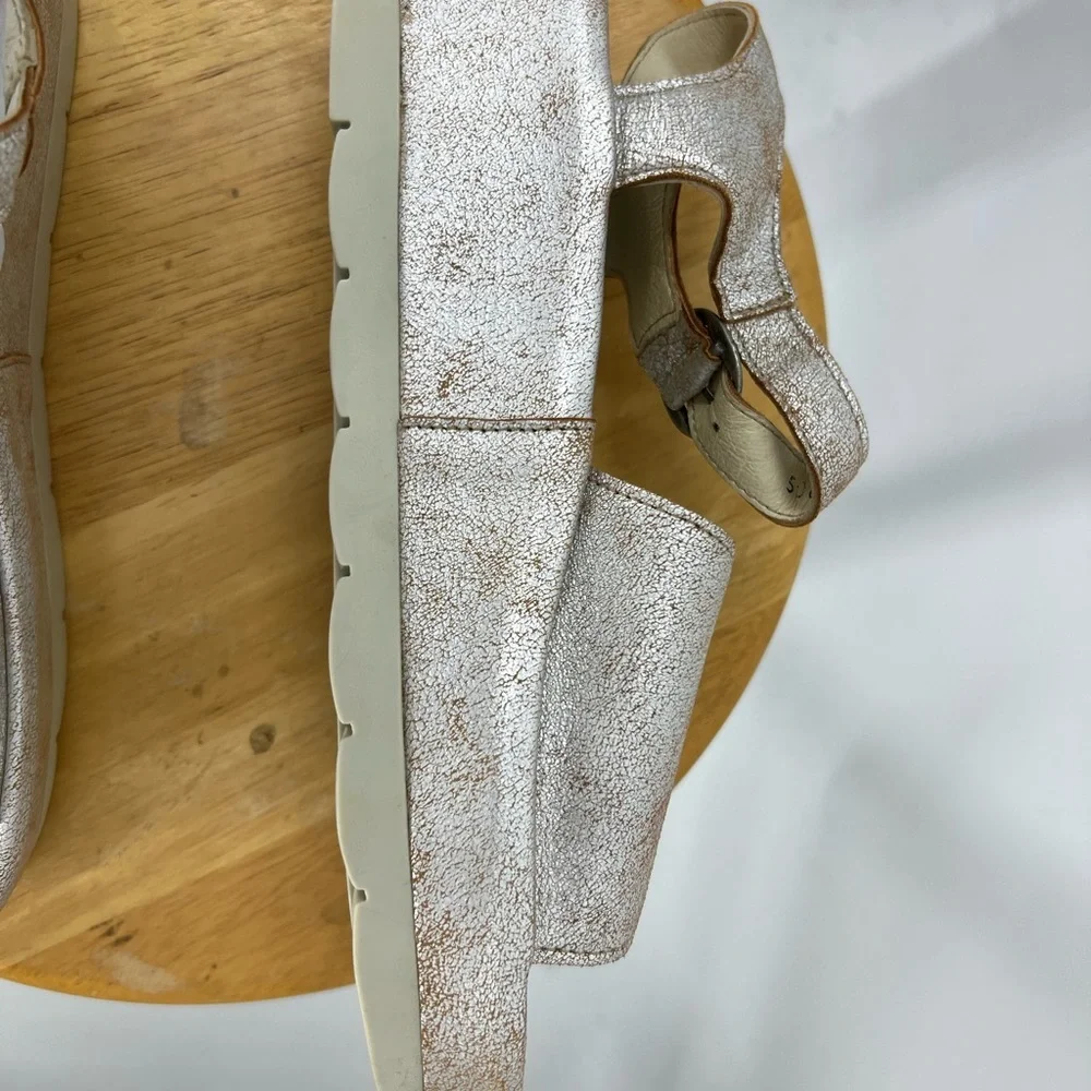 FLY London Bano Platform Wedges Leather Pearl Ankle Strap Buckle 41/9-9.5